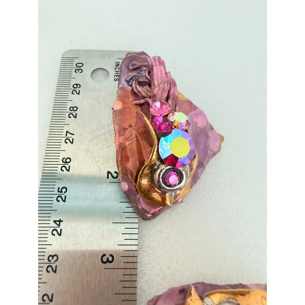 Vintage 1988 Lacombe Signed Abstract Mixed Media Clay Rhinestone Clip On Earring